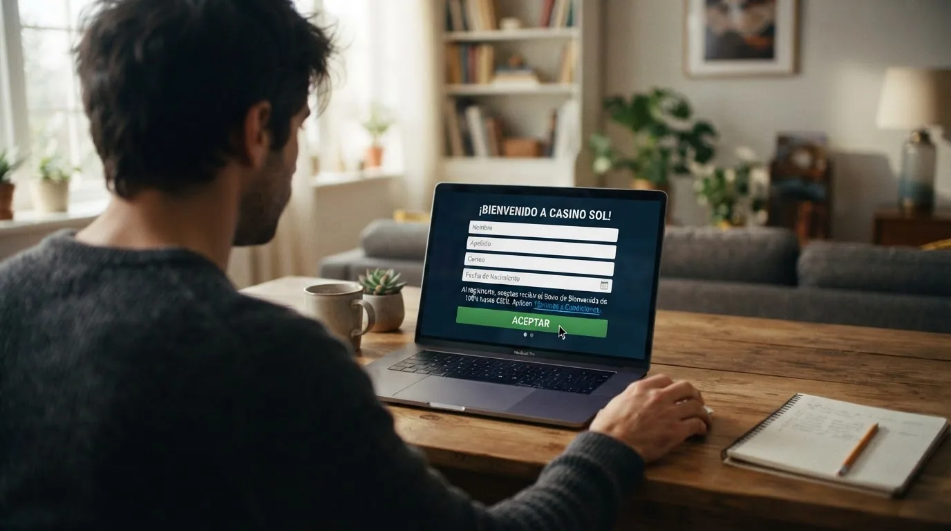 Un jugador frente a la pantalla de registro de un casino online, con el puntero sobre la casilla de verificación de aceptación de términos, destacando el enlace a los términos del bono