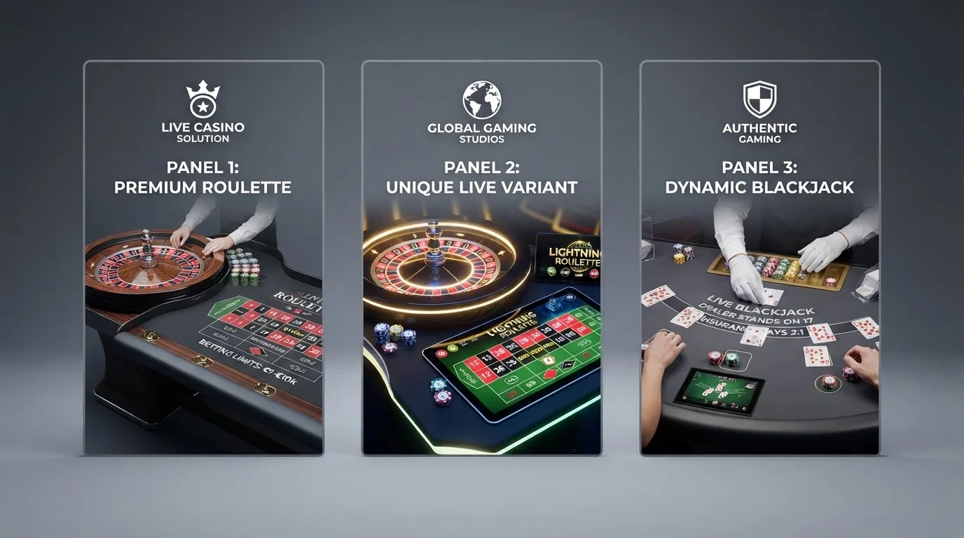 Tres paneles verticales con los logotipos de Evolution, Playtech y Pragmatic Play y, bajo cada uno, una miniatura de su mesa de ruleta o blackjack más representativa