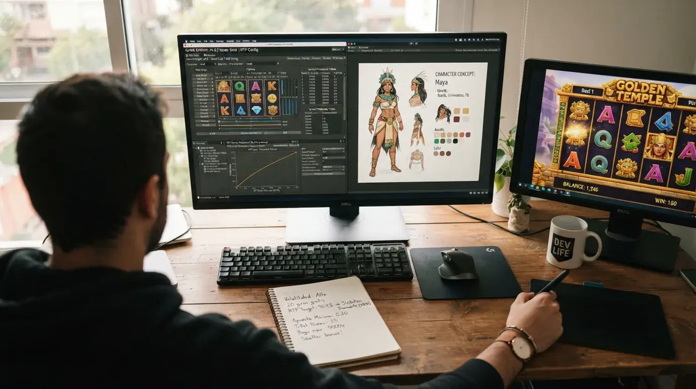 Una mesa de trabajo con monitores que muestran interfaces de desarrollo de slots: carretes, tablas de símbolos y curvas de RTP en una pantalla y un diseño de personajes en otra.