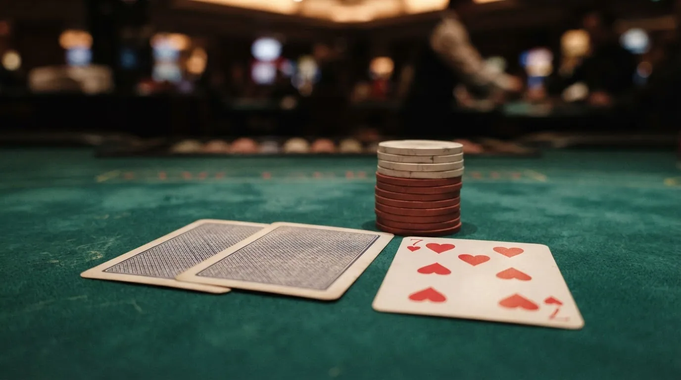 Tres cartas de baccarat alineadas sobre un tapete verde con fichas de casino apiladas al fondo
