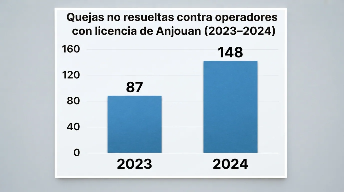 Gráfico de barras que muestra el aumento de quejas no resueltas contra operadores con licencia de Anjouan entre 2023 y 2024