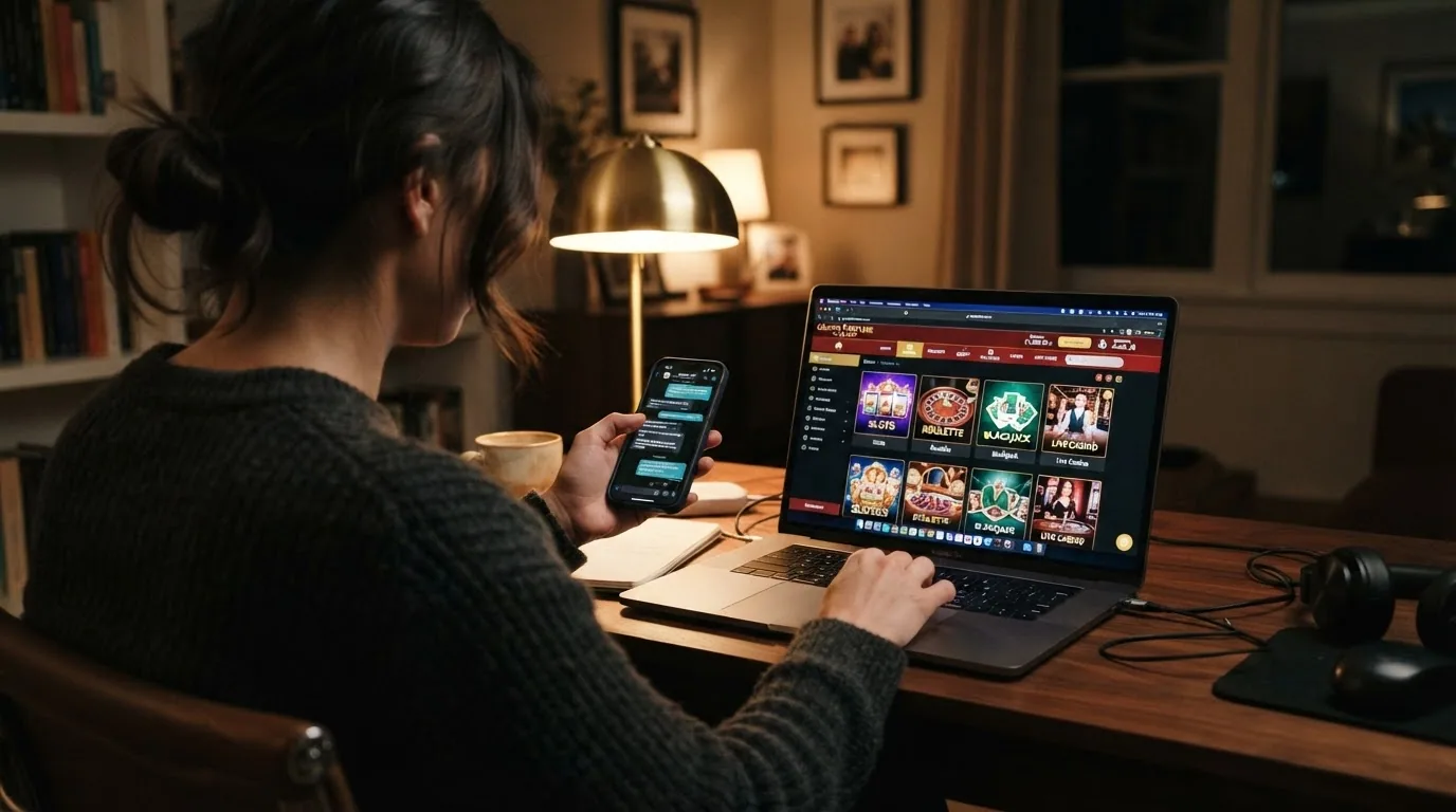 Jugador consultando el móvil frente a la pantalla del ordenador con un casino online abierto
