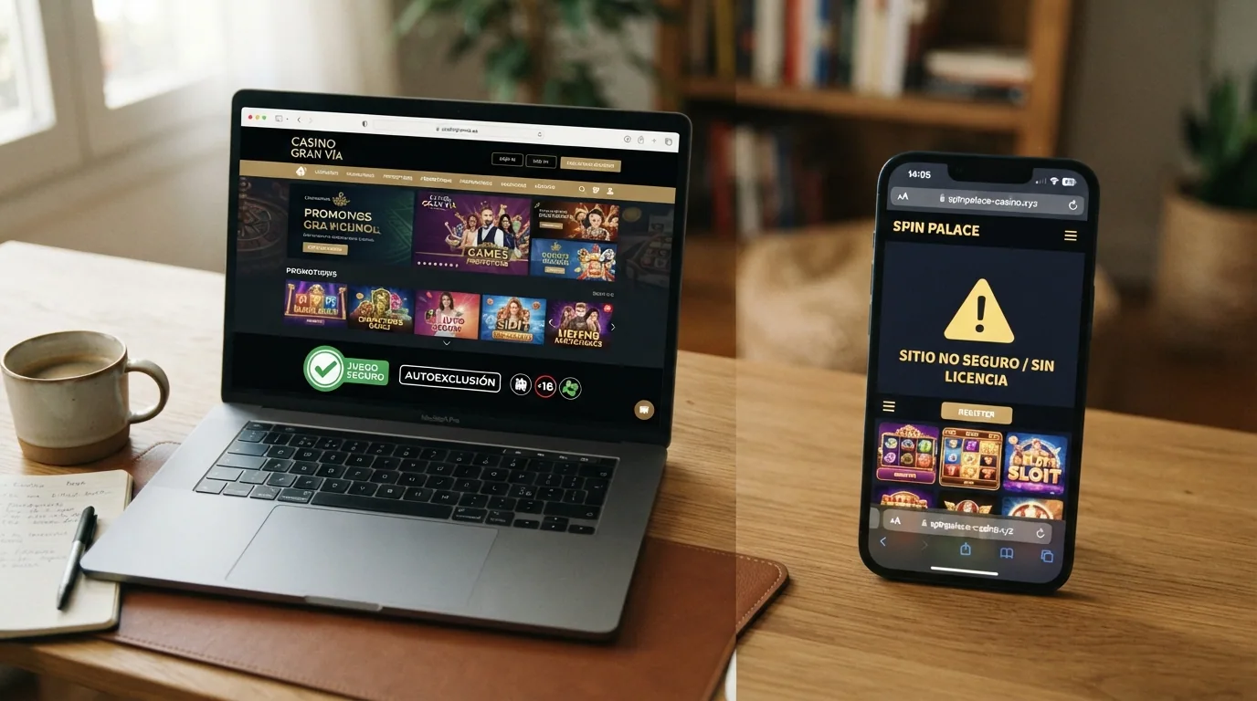 Pantalla dividida: a la izquierda, un operador con sello Juego Seguro y dominio .es; a la derecha, un sitio sin licencia con advertencias en castellano y sin distintivo DGOJ