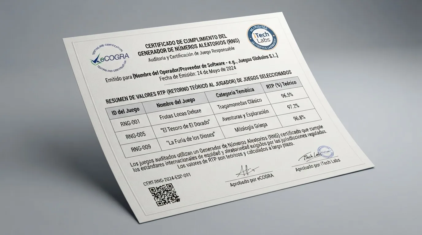Representación gráfica de un certificado de auditoría de RNG con sellos de eCOGRA e iTech Labs y una tabla de RTP de tres tragaperras populares