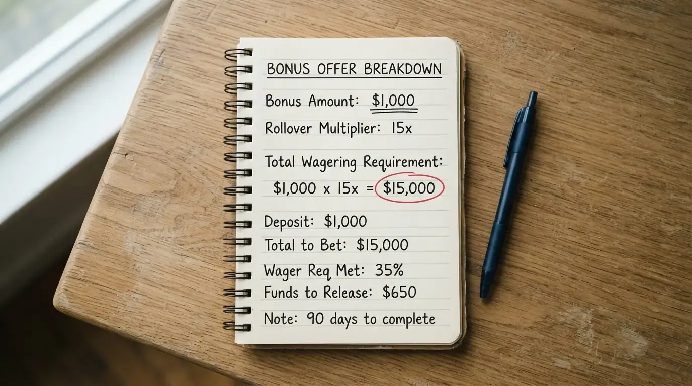 Una calculadora junto a un bloc con las cifras de un bono: importe del bono, multiplicador de rollover y cantidad total a apostar