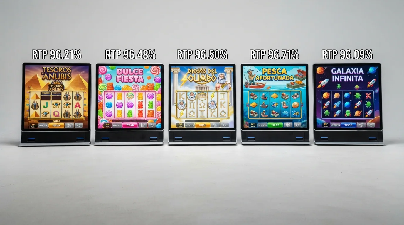 Captura de cinco carátulas de slots — Book of Dead, Sweet Bonanza, Gates of Olympus, Big Bass Bonanza y Starburst — con su porcentaje de RTP sobreimpreso en cada una