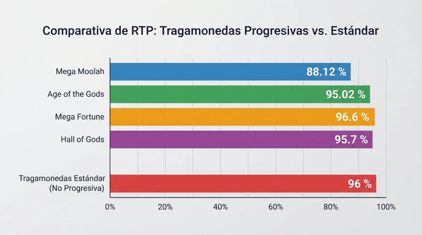 Gráfico comparativo del RTP de cuatro tragaperras progresivas populares frente al RTP medio de una slot no progresiva