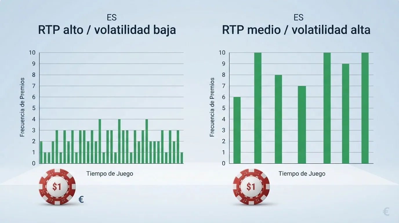 Grafico comparativo con dos slots: una de RTP alto y volatilidad baja que muestra pagos frecuentes pero pequeños, y otra de RTP medio y volatilidad alta con pagos escasos pero grandes