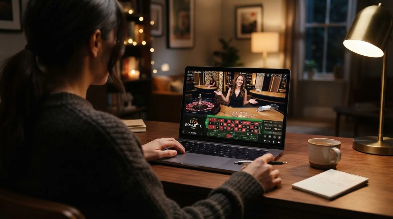 Mesa de ruleta en vivo con crupier real en un casino online español, con la interfaz de apuestas visible en pantalla