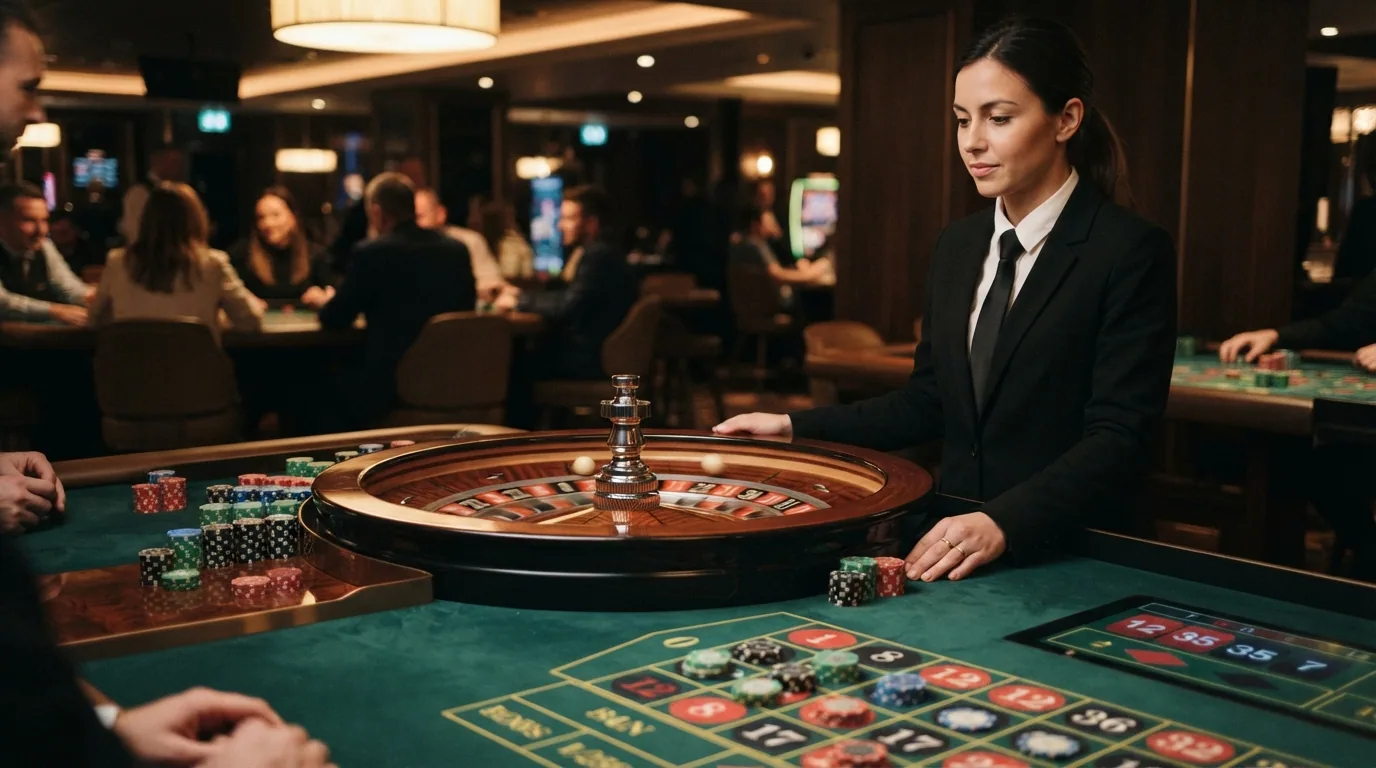 Una mesa de ruleta europea en pleno giro con la bola a punto de caer en un número, el crupier observando y el tablero digital de apuestas reflejando fichas de colores