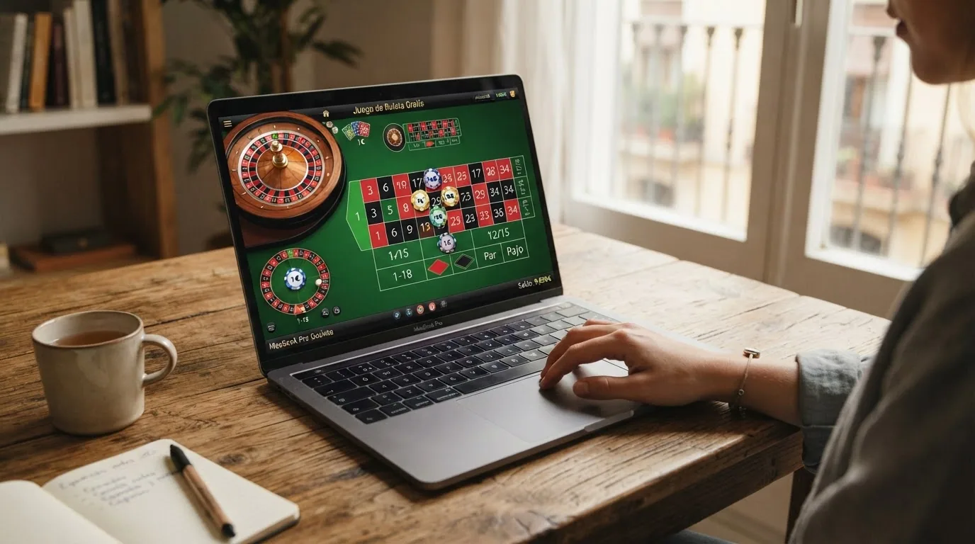 pantalla de un casino online español en modo demo de ruleta RNG con fichas virtuales sobre el tapete