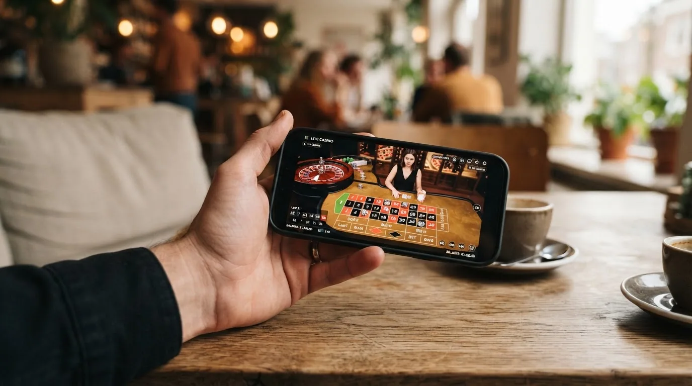 Mano sosteniendo un teléfono móvil en horizontal con una mesa de ruleta en vivo en pantalla, fondo de sofá o transporte público