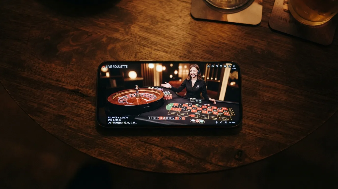 Pantalla de móvil con una ruleta en vivo transmitida desde un estudio con crupier real y varios jugadores conectados