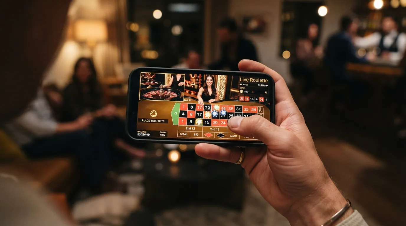 mano sosteniendo un teléfono móvil con una mesa de ruleta en vivo en pantalla y fichas colocadas sobre el tapete táctil