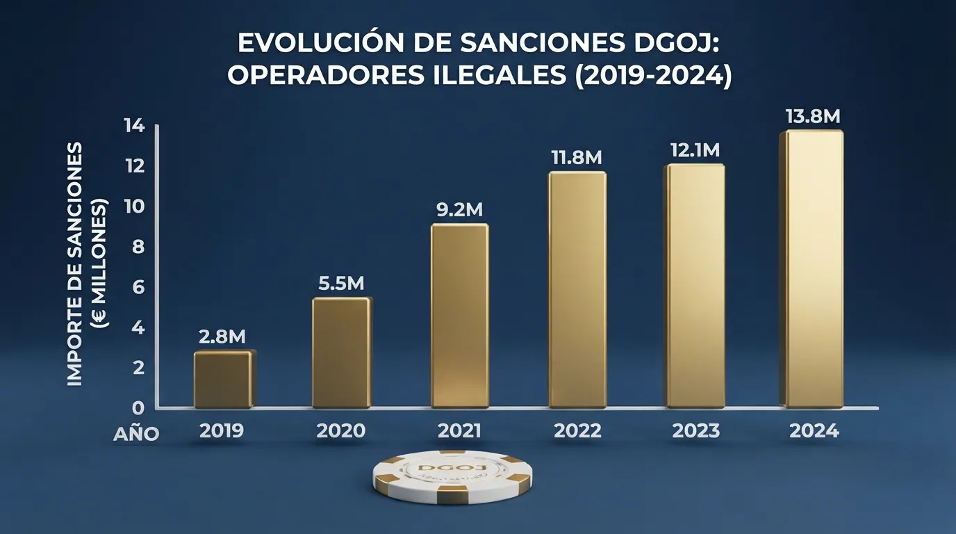 Gráfico de barras con la evolución de sanciones a operadores ilegales y sitios bloqueados por la DGOJ entre 2019 y 2024