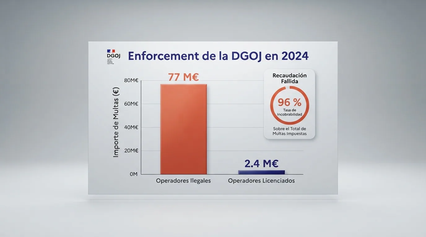 Infografía con los datos clave de enforcement de la DGOJ en 2024: 77 millones en sanciones, 3.372 sitios bloqueados y el porcentaje de multas incobrables.