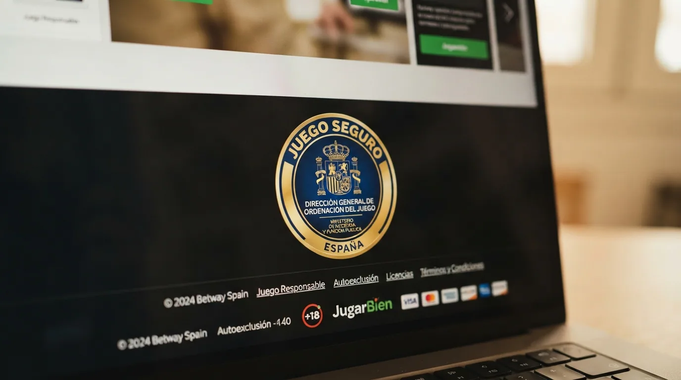 Primer plano del sello digital de Juego Seguro emitido por la Dirección General de Ordenación del Juego en el pie de página de un operador con licencia