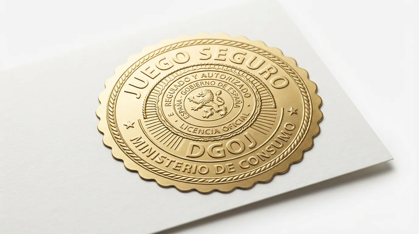 Primer plano del sello de Juego Seguro de la DGOJ visible en el pie de página de un casino online español con dominio .es
