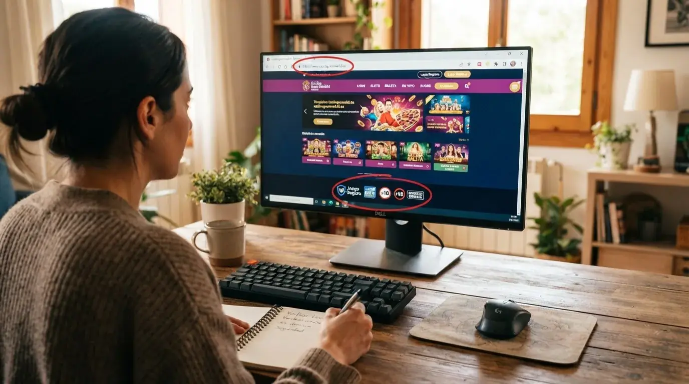 Primer plano de una pantalla de ordenador mostrando una página de casino con el candado HTTPS, el dominio .es y el sello de Juego Seguro resaltados con círculos