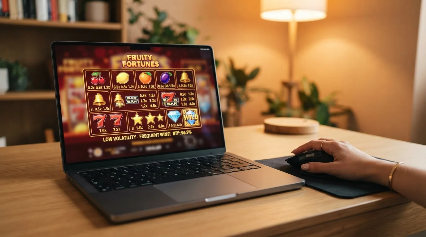 Interfaz de una slot de baja volatilidad con la tabla de pagos visible en pantalla