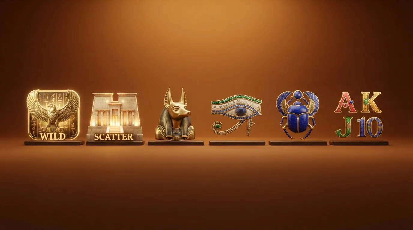 Tabla con los símbolos de Eye of Horus ordenados de mayor a menor valor: Horus, Templo, Anubis, ojo, escarabajo y los símbolos de cartas