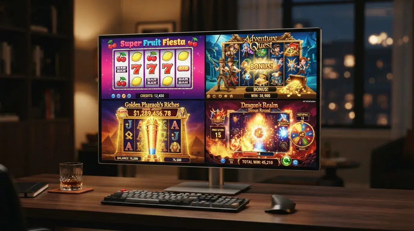 Cuatro tragaperras diferentes en una cuadrícula: una clásica de frutas, una 3D con animaciones, una con jackpot progresivo y una con ronda de bonus abierta