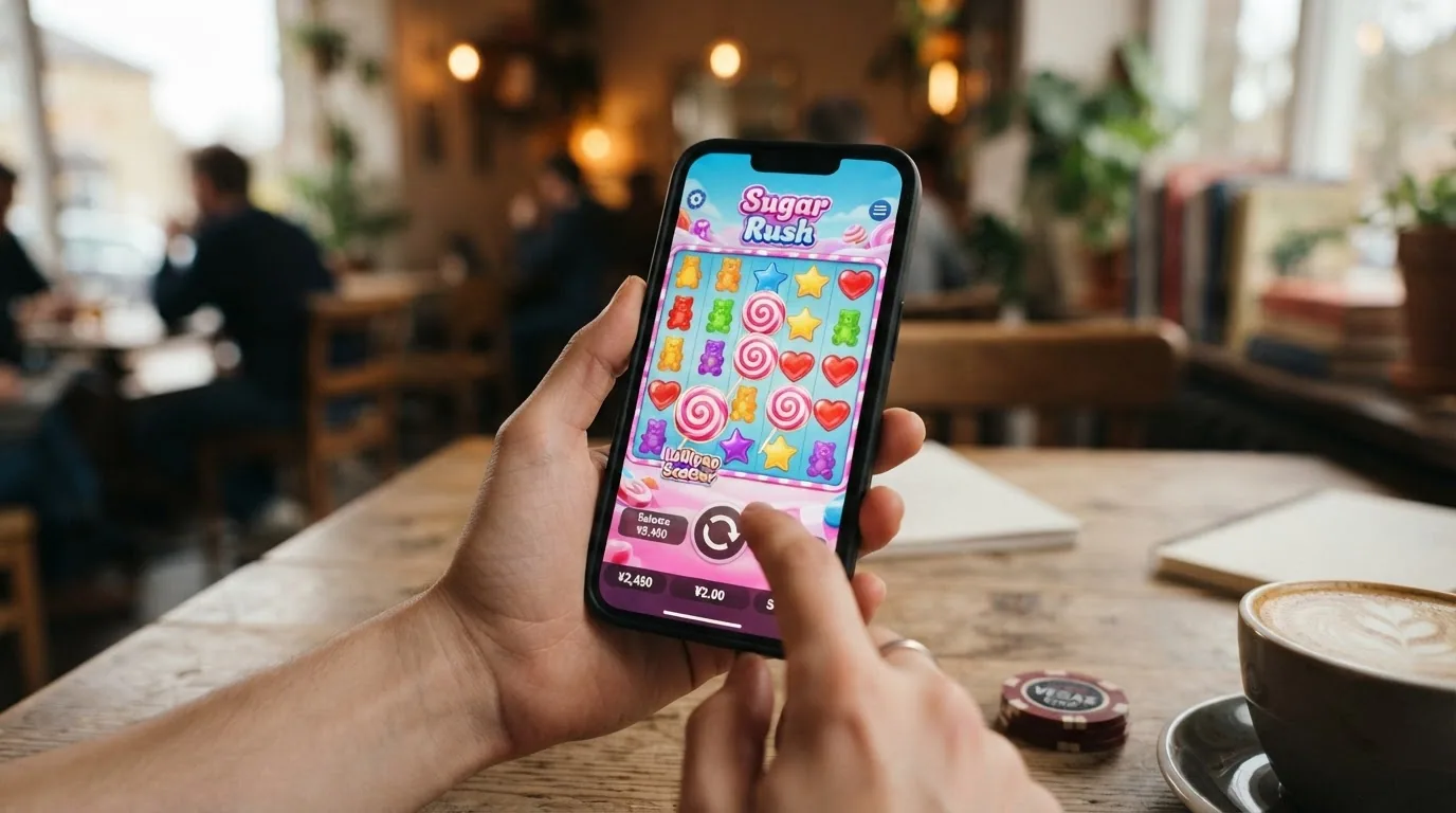 Sweet Bonanza funcionando en un teléfono móvil desde el navegador, con los botones adaptados al formato táctil