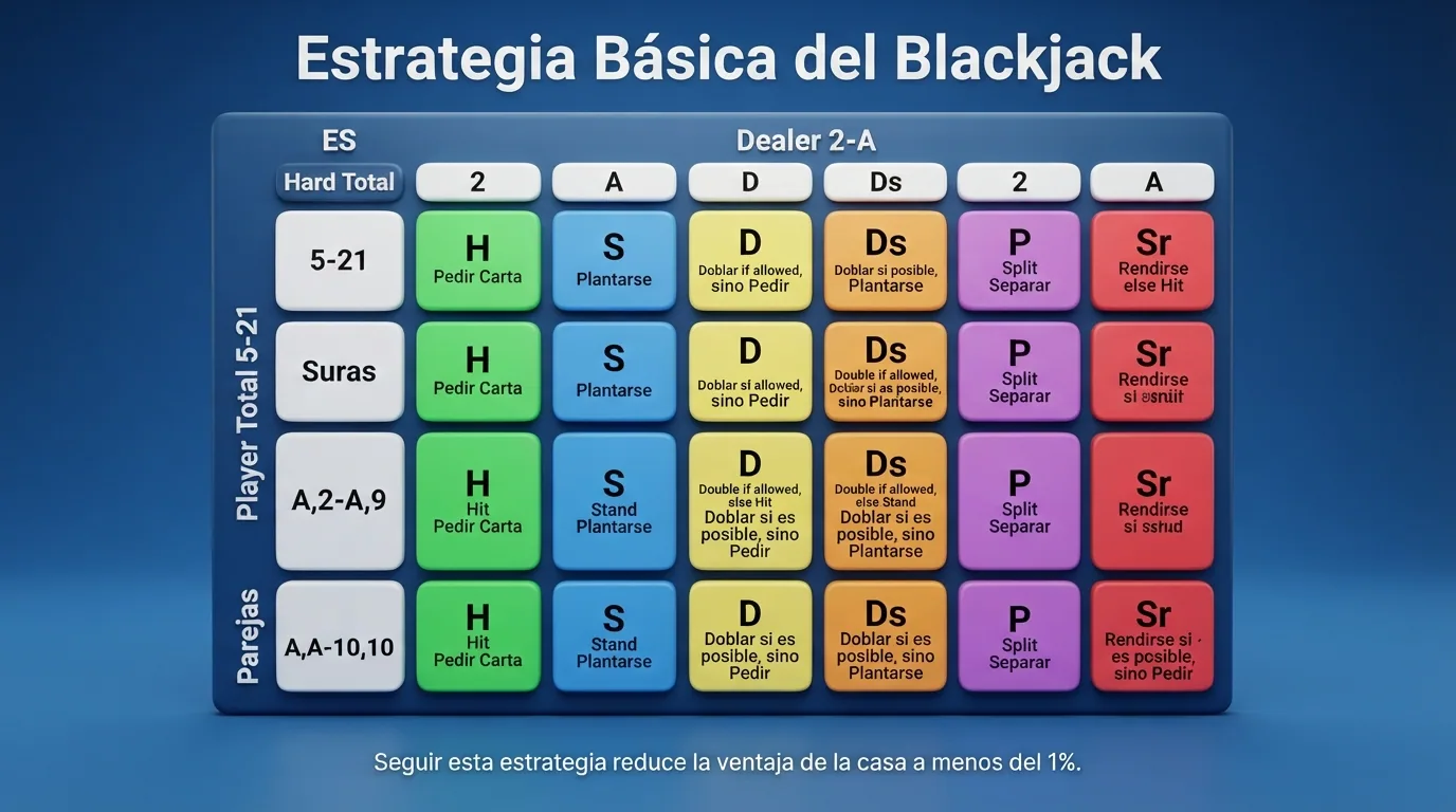 Tabla de estrategia básica del blackjack con las decisiones codificadas por colores según la mano del jugador y la carta visible del crupier