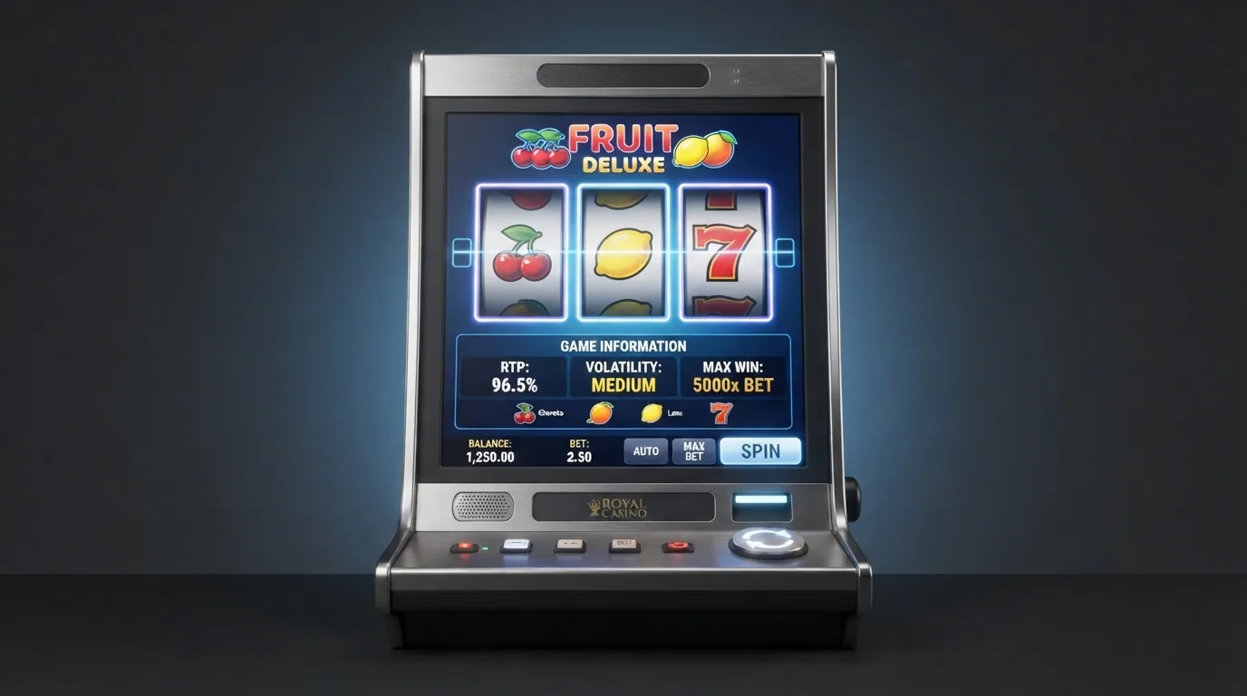 Interfaz de una tragaperras de frutas con los valores de RTP, volatilidad y ganancia máxima resaltados en pantalla