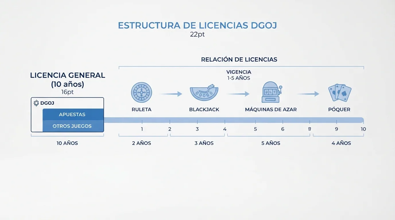Diagrama que muestra la relación entre licencia general y licencias singulares con sus plazos de vigencia