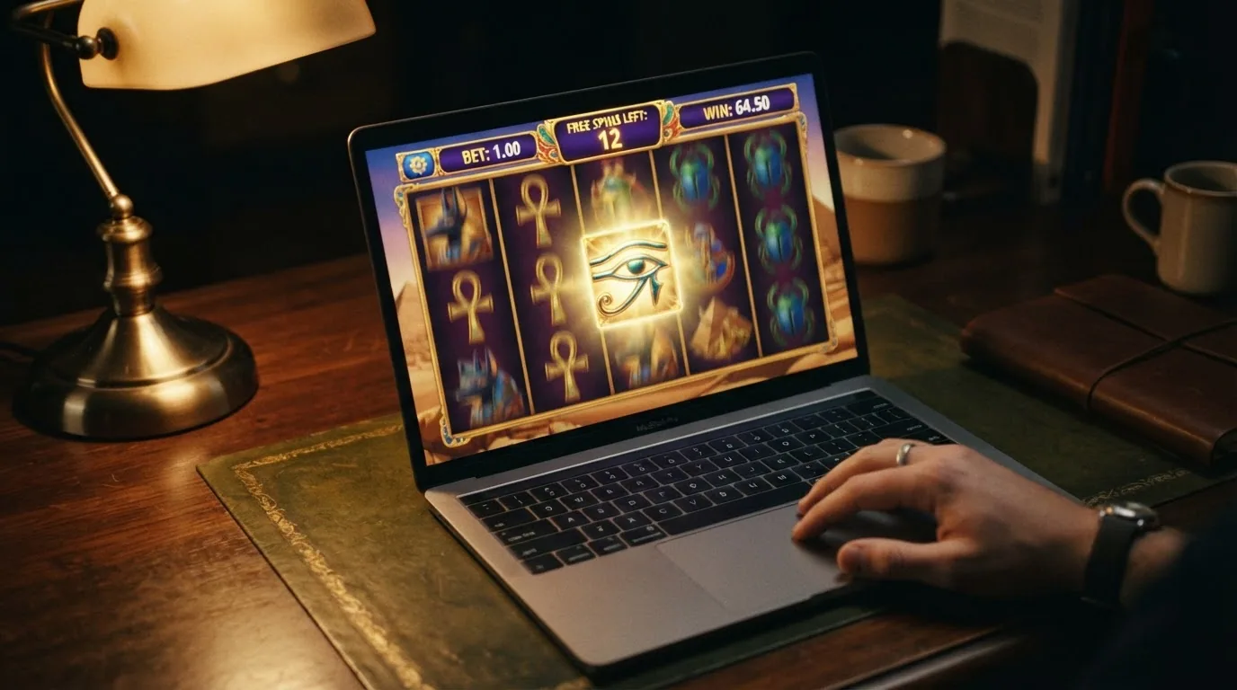 Función de tiradas gratis de Eye of Horus con 12 giros activos y el símbolo Wild de Horus expandido ocupando un carrete completo