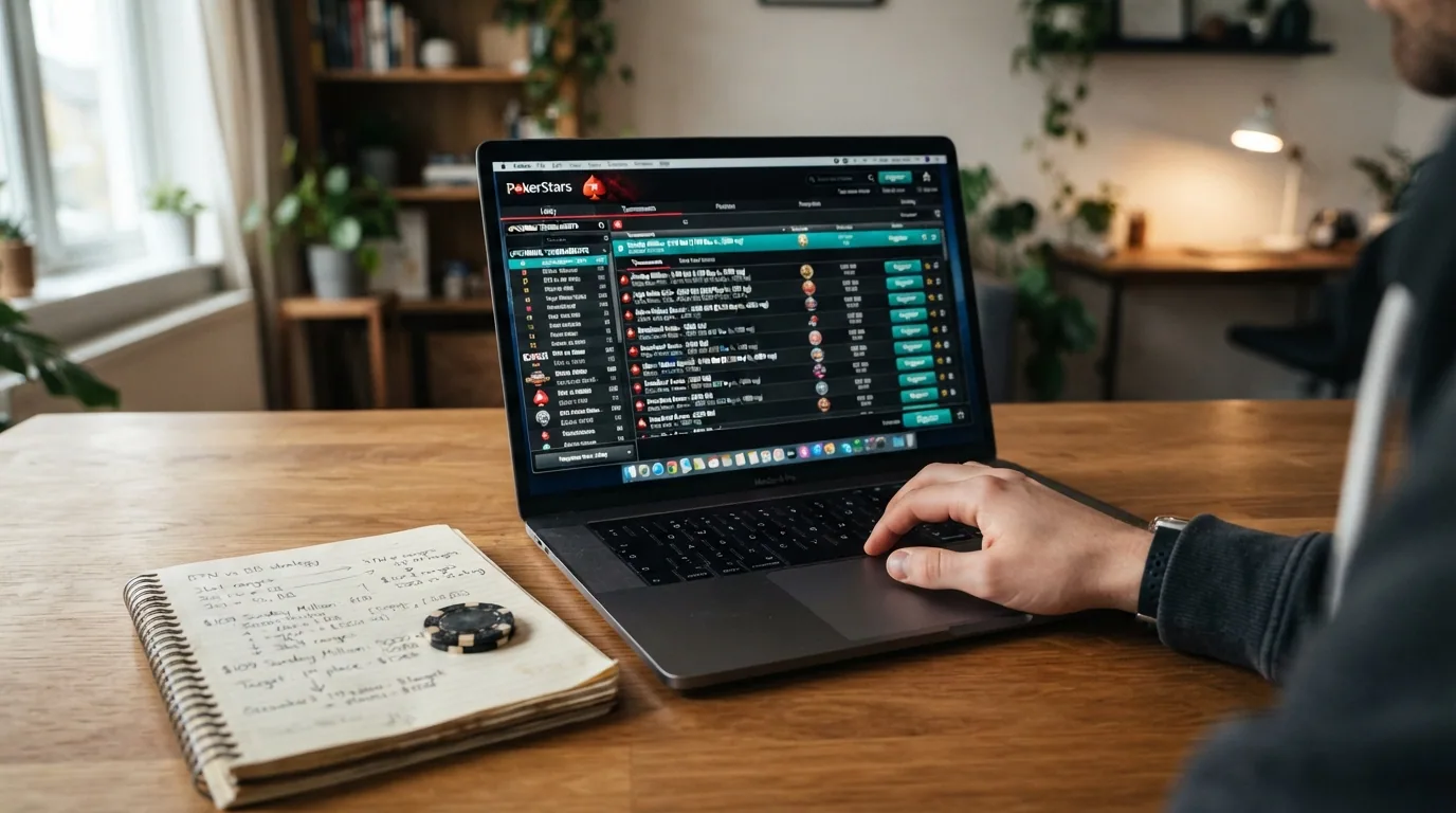Vestíbulo de torneos de una sala de poker online con múltiples eventos listados, buy-ins desde microapuestas y premios garantizados destacados
