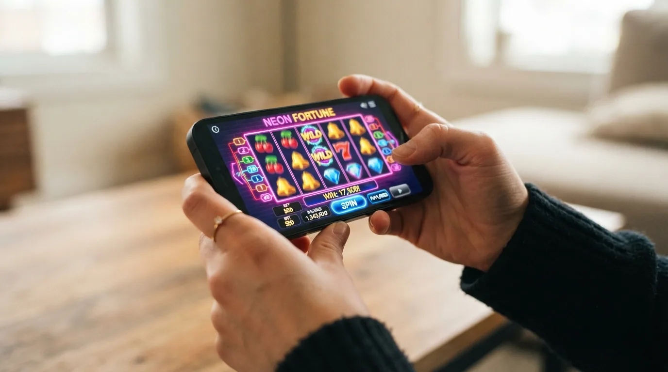Un teléfono móvil mostrando una tragamonedas en orientación horizontal con la interfaz táctil adaptada