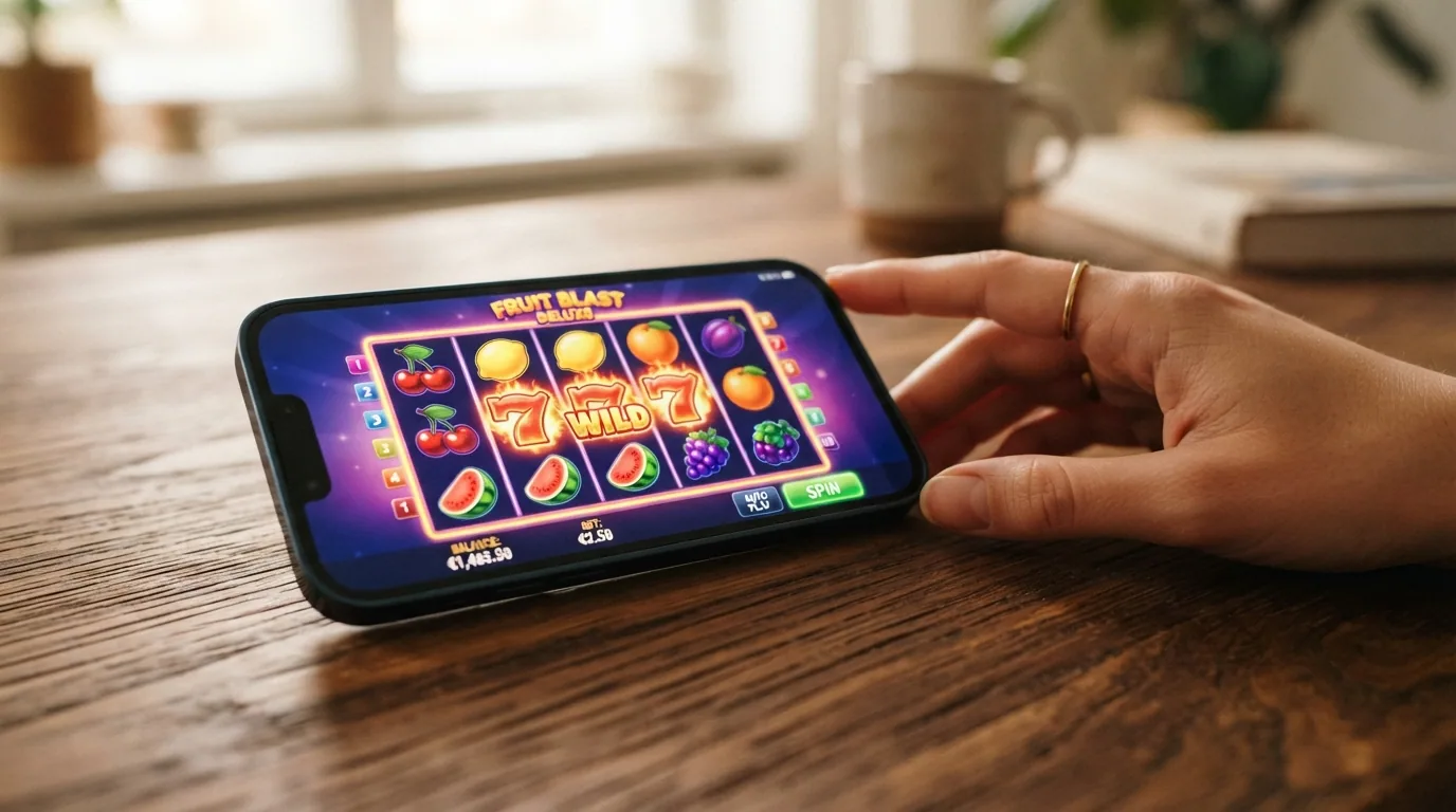 Captura de una tragaperras online con rodillos coloridos y un crupier de casino en vivo en pantalla dividida
