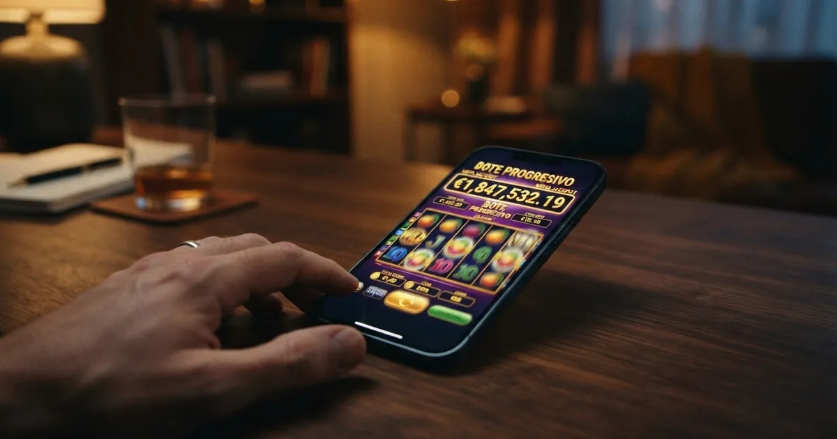 Un panel de tragaperras online con bote progresivo mostrando el contador del jackpot en la pantalla principal de un casino con licencia DGOJ