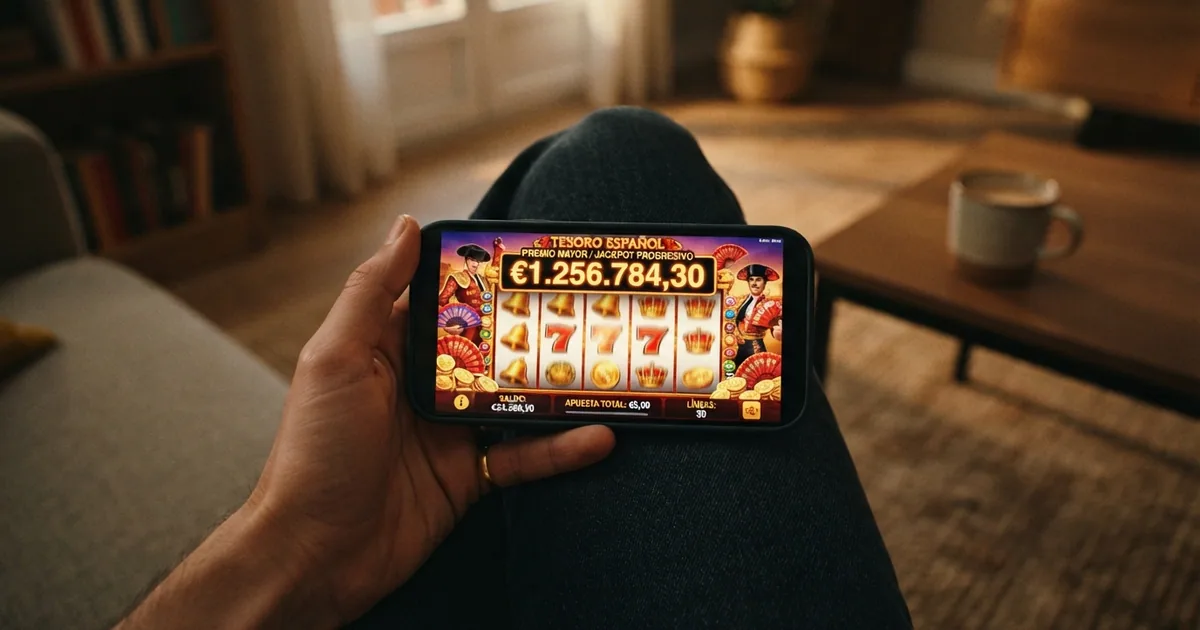 Pantalla de una tragaperras online con un jackpot progresivo activo mostrando un bote millonario en euros