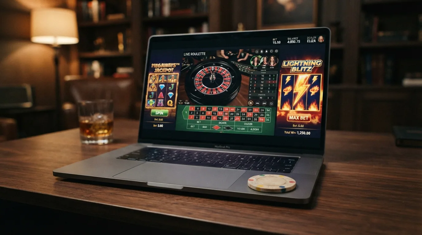 Una ruleta en vivo con crupier real flanqueada por pantallas de tragaperras de alta volatilidad, con el logotipo de Evolution Gaming visible en la interfaz