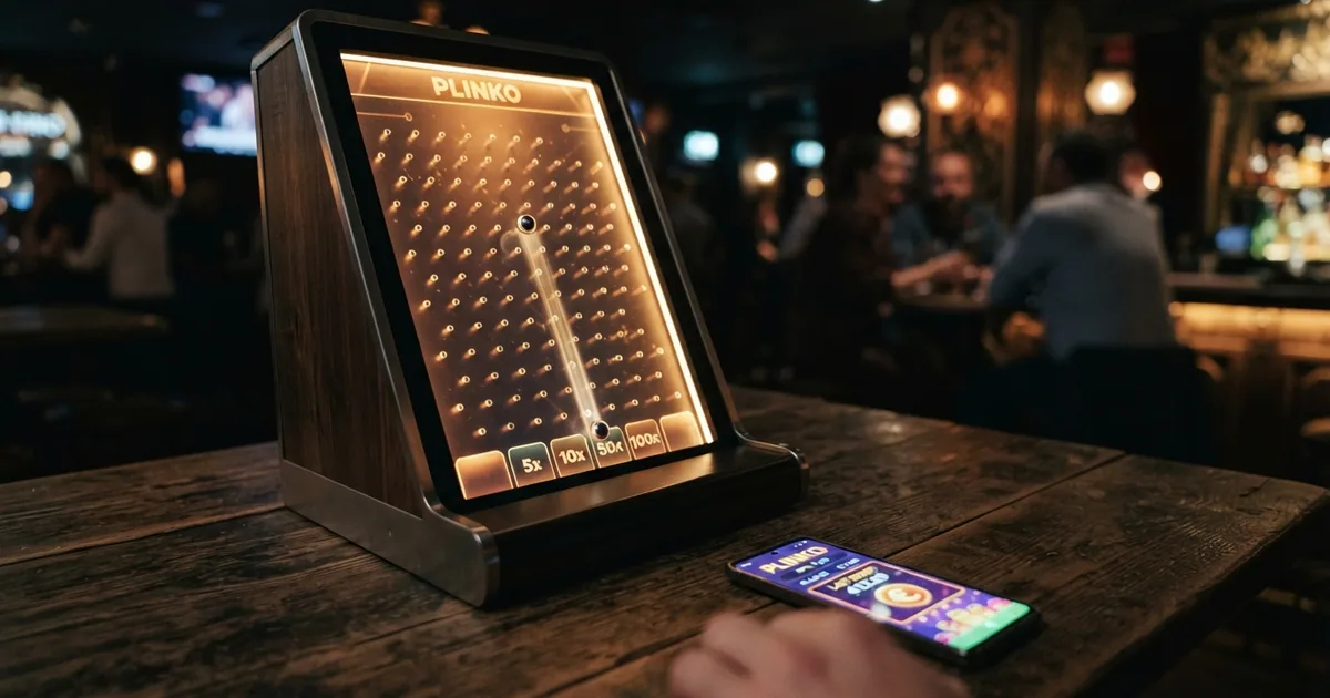 Un tablero digital de Plinko con una bola cayendo entre filas de clavijas hacia los multiplicadores inferiores