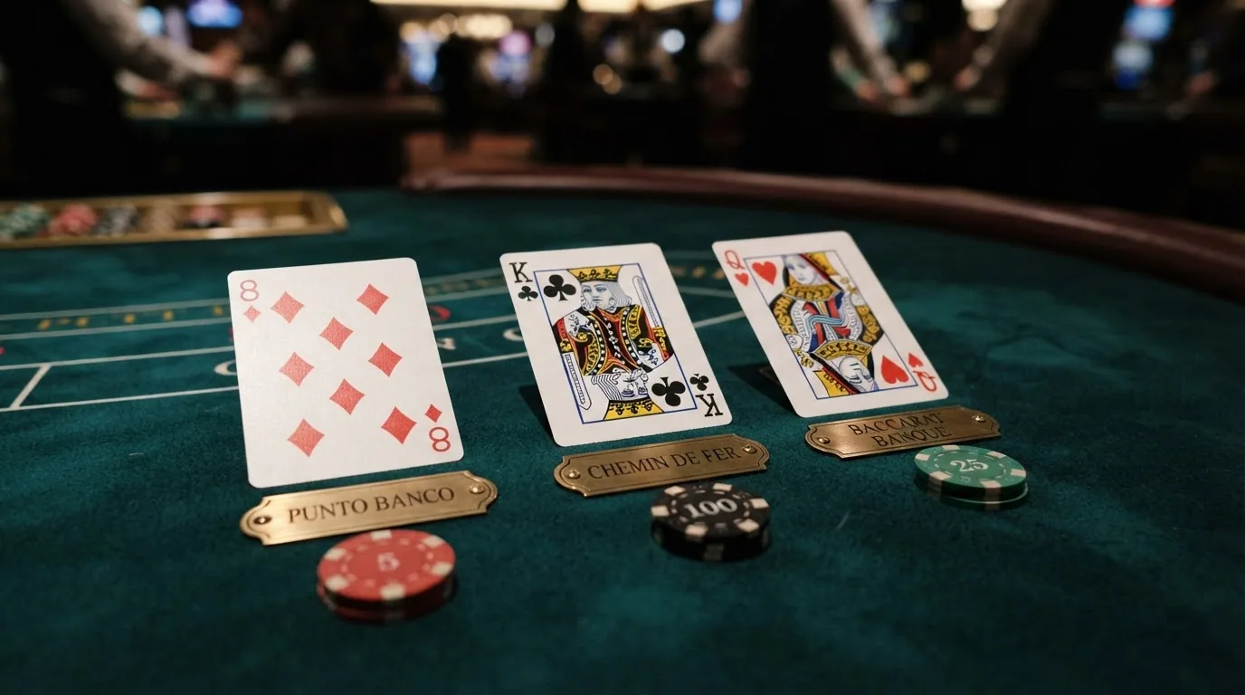 Tres cartas de baccarat boca arriba sobre un tapete con los nombres de las tres variantes escritos en fichas
