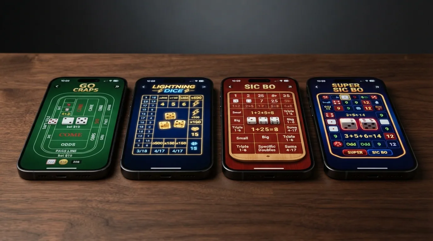 Collage con los logotipos e interfaces de GO Craps, Lightning Dice, Sic Bo y Super Sic Bo