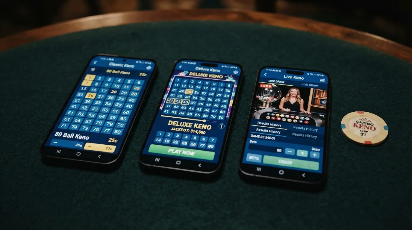 Captura de pantalla de tres variantes de keno distintas mostrando diferentes cuadrículas de números e interfaces de juego