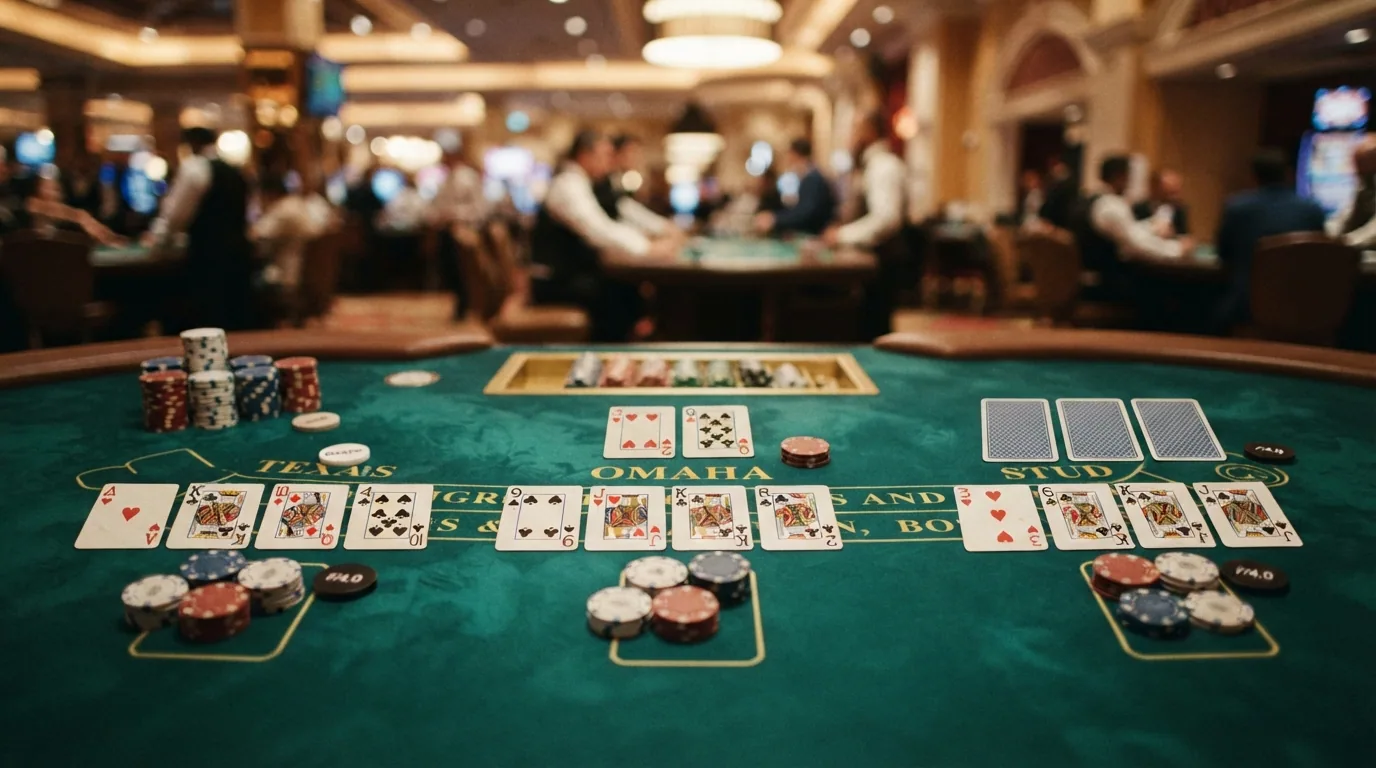 Captura de varias mesas de poker online con distintas variantes: Texas Hold'em, Omaha y una mesa de Stud en la misma interfaz