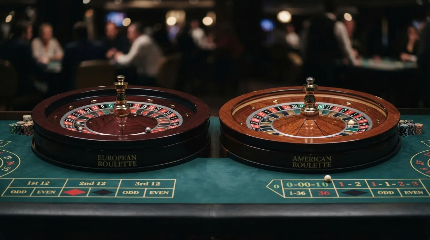 rueda de ruleta europea junto a una ruleta americana con sus respectivos tapetes para mostrar las diferencias de casillas