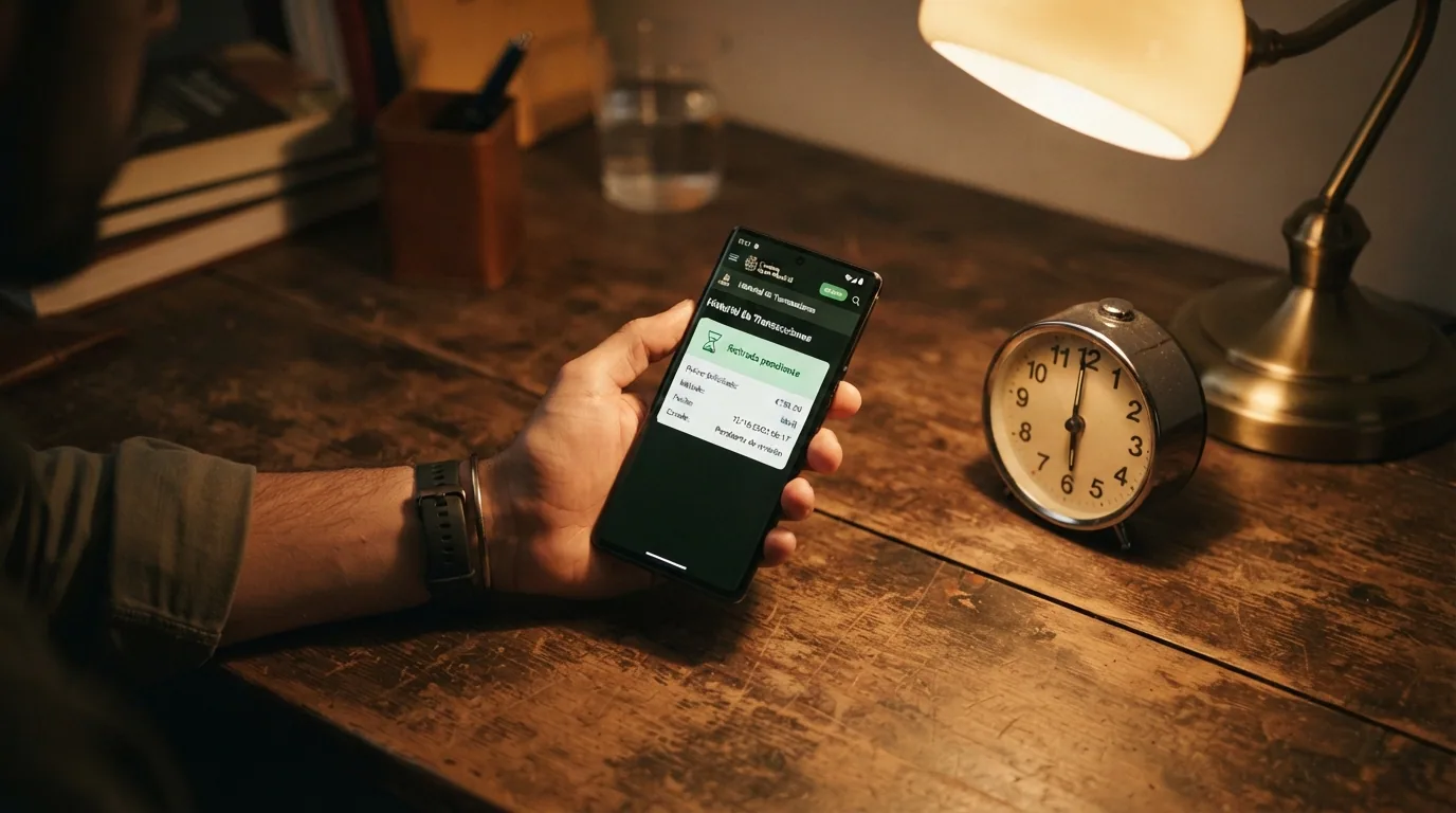 Un teléfono móvil con la pantalla de una app de casino mostrando el estado «retirada pendiente» junto a un reloj