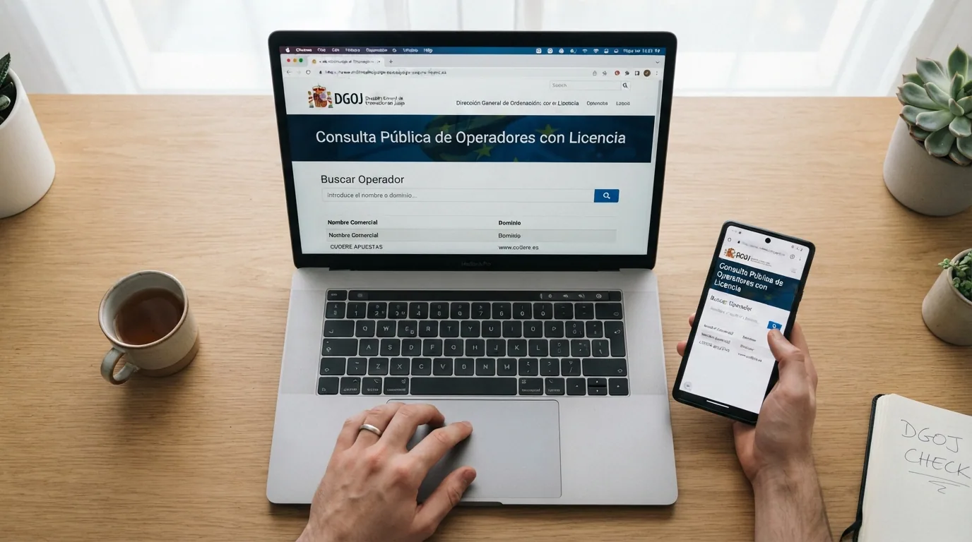 Pantalla del buscador público de operadores de ordenacionjuego.es con un ejemplo de consulta por nombre de operador y el resultado de licencia activa.