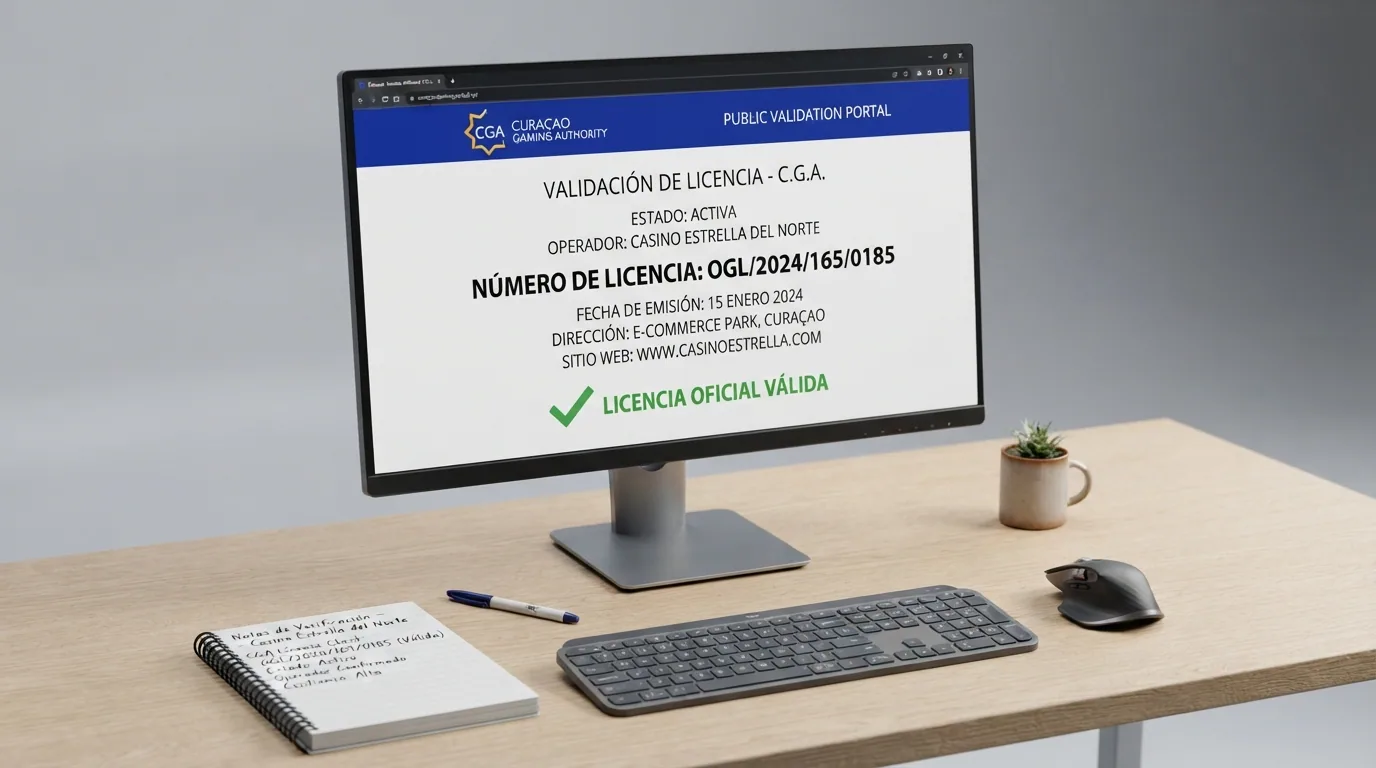 Pantalla del registro público de la Curaçao Gaming Authority con un número de licencia OGL resaltado