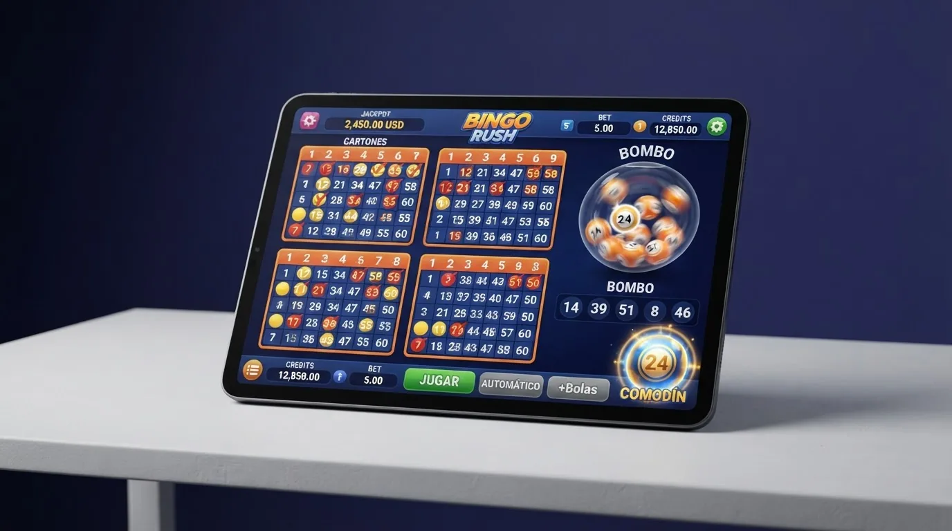 Interfaz de un título de video bingo de MGA Games con cuatro cartones de 3x5 activos y el contador de bolas extra