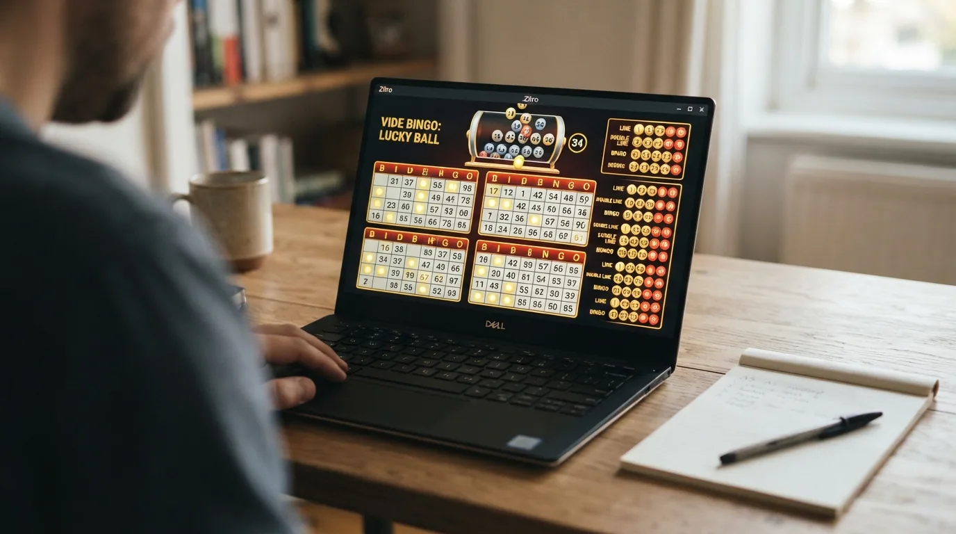 Interfaz de un juego de video bingo de Zitro con cuatro cartones de 3×5, el bombo de 60 bolas en la parte superior y las figuras de premio iluminadas en el lateral