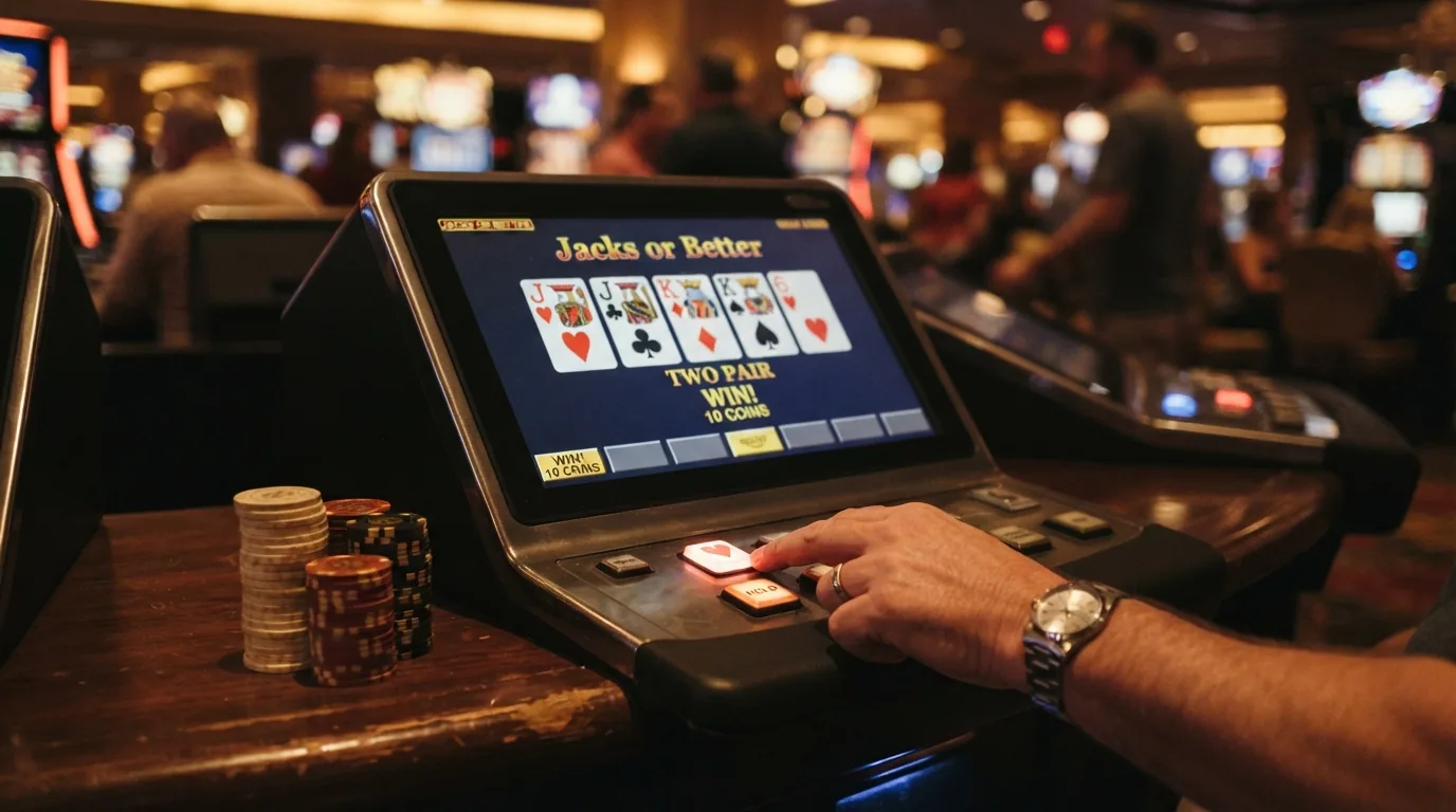 Pantalla de una partida de video poker Jacks or Better con una mano ganadora y el contador de créditos visible